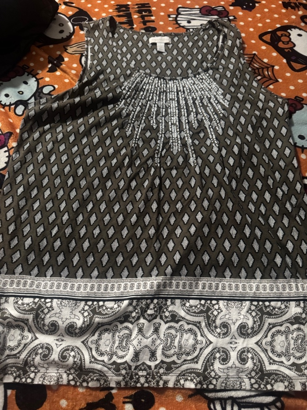 Charter Club Black & White Beaded Diamond-Print Sleeveless Top